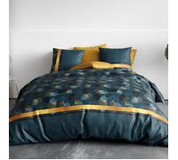 ALPES BLANC - Housse de couette GINKO coton 57 fils - Parure de lit bleu minéral et dorée avec taies - Finition boutons 240x260 cm