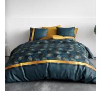 Alpes Blanc - Housse de Couette Ginko Pur Coton 57 Fils - Parure de lit Bleu minéral et dorée avec 2 taies d'oreiller - Finition Boutons