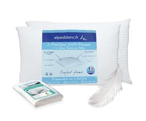 Alpes Blanc - Pack 4 pièces : 2 Oreillers en Plumes + 2 Protèges Oreillers 100% Coton - 45 x 70 cm - Accueil Moelleux, Soutien Ferme - Fabrication Française