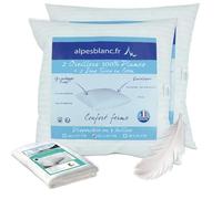 Alpes Blanc - Pack 4 pièces : 2 Oreillers en Plumes + 2 Protèges Oreillers 100% Coton - 60 x 60 cm - Accueil Moelleux, Soutien Ferme - Fabrication Française