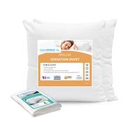 Alpes Blanc - Pack pièces : Lot de 2 oreillers Sensation Duvet + 2 protège-oreillers antistatiques en Coton - Fabrication Française - Enveloppe Percale - Gonflant et Souple - 50x70 cm