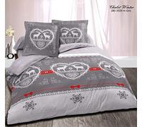 Alpes Blanc Parure de Drap 4 pièces Winter Gris Lit 160x200 cm Drap Plat + Drap Housse + Taies Motif Chalet - 100% Coton