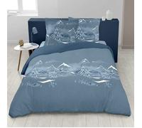 ALPES BLANC - Parure de lit Nuit des Alpes - Motif montagne bleu et blanc 100 % coton, taie(s), drap housse et drap plat 160x200
