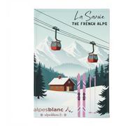 Alpes Blanc - Torchon de cuisine Station Savoie 50x70 cm - 100% coton - Design affiche rétro - Lavable en machine