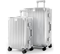 ALPHA CAMP Set Valise 2pcs Valise Moyenne avec Serrure TSA Valise Rigide à roulettes Polycarbonate et Cadre en Aluminium Valise Grand Taille Argenté Femme Bagage de Voyage Luggage