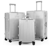 ALPHA CAMP Set Valise 3pcs Valise XL avec Serrure TSA Valise Rigide à roulettes Polycarbonate et Cadre en Aluminium Lot de Valise Grand Taille Argenté Valise Moyenne Femme Bagage de Voyage Luggage