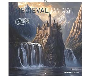 Alpha Edition - Medieval Fantasy 2026 - Calendrier mural 30×30 cm avec motifs médiévaux et fantastiques, calendrier broché en 6 langues pour les fans du Moyen Âge, les joueurs de rôle et les amateurs
