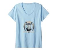 Alpha Wolf: Fierce Predator aux Yeux Jaunes pénétrants T-Shirt avec Col en V, Femme, Bleu Céleste, XL