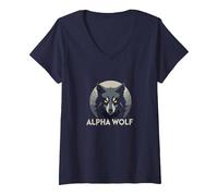 Alpha Wolf: Fierce Predator aux Yeux Jaunes pénétrants T-Shirt avec Col en V, Femme, Bleu Marine, M