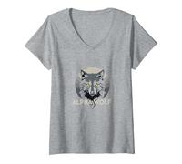 Alpha Wolf: Fierce Predator aux Yeux Jaunes pénétrants T-Shirt avec Col en V, Femme, Gris Chiné, XL