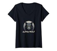 Alpha Wolf: Fierce Predator aux Yeux Jaunes pénétrants T-Shirt avec Col en V, Femme, Noir, S