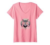 Alpha Wolf: Fierce Predator aux Yeux Jaunes pénétrants T-Shirt avec Col en V, Femme, Rose, XXL