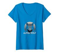 Alpha Wolf: Fierce Predator aux Yeux Jaunes pénétrants T-Shirt avec Col en V, Femme, Saphir, M