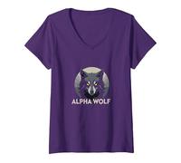 Alpha Wolf: Fierce Predator aux Yeux Jaunes pénétrants T-Shirt avec Col en V, Femme, Violet, M