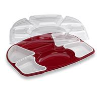 ALPHAFORM - Sachet de 15 Kits Plateaux Repas, 7 Compartiments, Antibuée, Fond PS Rouge, Eléments PP Blanc, Couvercle OPS Cristal, 420 X 326 X 75 Mm, Recyclable