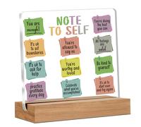Alphynix 1 pc plaque en acrylique de soin personnel, support sur base en bois avec 12 designs de notes colorées comprenant les affirmations "Tu es suffisant" et "Il est normal de poser des limites", d