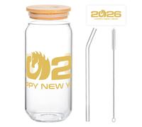 Alphynix 1 Verre Nouvel An chinois, 500ml gobelet à boisson glacée avec motif zodiacal cheval, message doré "BONNE ANNÉE", complet avec couvercle bambou pour boissons froides,Le cadeau de la saint-val