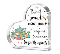 Alphynix Cœur d'appréciation pour professeur de français, 1 pièce, "Il faut un grand cœur pour aider à façonner les petits esprits", Plaque en acrylique avec motif de livres empilés et oiseau, cadeau 