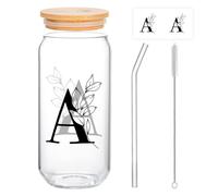 Alphynix Gobelet en verre moderne, 1 pièce, 500 ml, tallier, motif monogramme 'A', couvercle et paille en bambou, gobelet pour boissons froides (thé glacé, jus, boba)