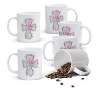 Alphynix Mug 1 pièce 11 oz « Il est Résuré », cadeau de Pâques et de l’Église, motif croix et ruban rose, verset biblique de l’Évangile de Matthieu 28:6, mug en céramique inspirant pour la célébration