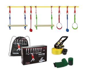 ALPIDEX Enfants Ninja Slackline 15 m Obstacles Parcous Set Nœuds Echelle Corde Balançoire Échelle Escalade Accessoires Extensible Warrior Course Jardin, Stil:Basic