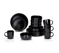 Alpina Service de table 16 pièces en grès – 4 personnes – Noir – Compatible lave-vaisselle