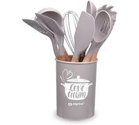 alpina Batterie de cuisine avec support - 12 pièces - Ustensiles en silicone avec manche en bois - Beige