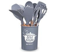 Alpina Batterie de cuisine 12 pièces avec support – Ustensiles en silicone avec manche en bois, Gris