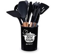 alpina Batterie de cuisine avec support - 12 pièces - Ustensiles en silicone avec manche en bois - Noir, 0.00