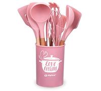 alpina Batterie de cuisine avec support - 12 pièces - Ustensiles en silicone avec manche en bois - Rose, 0.00