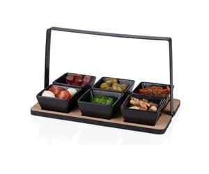 alpina Ensemble Apéritif avec Bols - Set de 7 Robinets avec 6 Plateaux en Céramique Noire sur Plateau en Bois avec Cadre en Métal - Planche à Goûter ou Plat D’AntIPasti pour Les Fêtes
