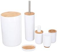 alpina Ensemble de Toilette 6-Pièces - Distributeur de Savon - Blanc | Porte-brosse à dents, Brosse de toilette, Corbeille à papier, Porte-savon, Tasse, Bambou