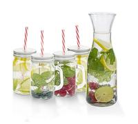 alpina Ensemble Verrerie 6 Pièces - Carafe en Verre 1L et Verres à Eau - Verres Mason Jar avec Couvercle et Paille - Verre à Eau Design Élégant pour Boissons et Cocktails