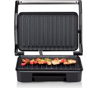 alpina Gril de contact 750W - Optigrill - Gril à panini - Revêtement antiadhésif - Lampe de contrôle - Bac d'égouttement amovible - Plaque de gril 23 x 14,5 CM - Argent/noir