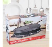 alpina Gril de table électrique 1200W - Raclette 8 personnes avec 2 couches - avec 8 poêlons et 8 spatules - revêtement antiadhésif - poêlons 3 en 1, plaque de cuisson et gril en pierre - noir