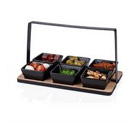 alpina Ensemble Apéritif avec Bols - Set de 7 Robinets avec 6 Plateaux en Céramique Noire sur Plateau en Bois avec Cadre en Métal - Planche à Goûter ou Plat D’AntIPasti pour Les Fêtes