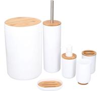 alpina Salle de bain - Kit toilettes - 6 pièces - Distributeur de savon - Porte brosse à dents - Brosse à WC - Poubelle - Porte-savon - Gobelet - Bambou - Blanc
