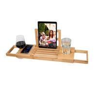 alpina Salle de Bain Planche Bois - Plateau de Bain 50-92 x 18 x 4 cm - Decoration Salle de Bain Bambou avec Support de Livre et Porte-Tablette - INCL. Porte-Gobelets, Marron