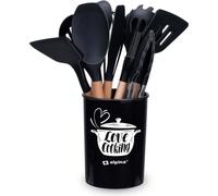 alpina Batterie de cuisine avec support - 12 pièces - Ustensiles en silicone avec manche en bois - Noir, 0.00