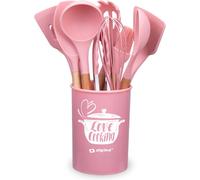 Alpina Set d'Ustensiles de Cuisine avec Support - 12 Pièces - Cuillère, Spatule, Pince BBQ - Ustensiles en Silicone à Manche en Bois - Rose