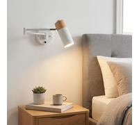 Alpinaluz Aplique de Pared Extensible Blanco con Interruptor Integrado, Brazo Extensible Horizontal y Cabezal Orientable 350º, Metal y Madera, Casquillo E27 Ideal para Dormitorio y Zona de Lectura