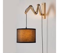 Alpinaluz Applique Murale avec Câble et Prise, Bras Extensible en Bois Naturel, Abat-Jour Cylindrique en Tissu Noir Ø25 cm, Articulé 16-67 cm, Douille E27 Compatible