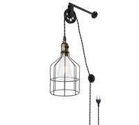Alpinaluz Applique murale avec câble, prise et interrupteur, design vintage industriel avec cage et poulie hauteur réglable, E27 métal noir