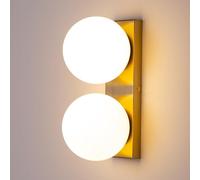 Alpinaluz Applique murale avec double boule en verre opaque Ø150 mm - Base rectangulaire métallique dorée pour chambre, couloir ou installation au plafond - Culot E27