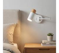 Alpinaluz Applique Murale Blanche avec Décoration en Bois, Style Minimaliste et Nordique, Applique Murale à Bras Articulé Pivotante 360º, Lampe pour Chambre, Salon, Bureau, Escalier, Salle de Bain