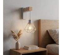 Alpinaluz Applique Murale Blanche Moderne avec Bras en Bois Naturel et Abat-jour Cage Métallique Compatible E27 pour Chambre, Salon et Espaces Intérieurs
