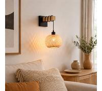 Alpinaluz Applique Murale E27 Bambou Rotin Bois Naturel Noir Ø20 cm | Abat-jour tissé et câble enroulable sur bois, style bohème nordique: chambre, tête de lit, salon, salle à manger, couloir