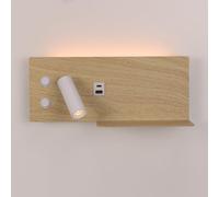Alpinaluz Applique murale effet bois avec port USB-C et USB-A, lumière d’ambiance LED et spot orientable, finition métal bois foncé, modèle gauche avec tablette intégrée pour chambre ou tête de lit