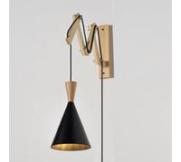 Alpinaluz Applique Murale Extensible avec Câble et Prise, Bras Articulé en Bois Massif et Abat-Jour Conique en Métal Noir Ø16 cm, Douille E27 pour Éclairage Intérieur