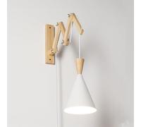 Alpinaluz Applique Murale Extensible avec Câble et Prise, Bras Articulé en Bois Naturel et Abat-Jour Conique en Métal Blanc Mat Ø16 cm, Douille E27 pour Éclairage
